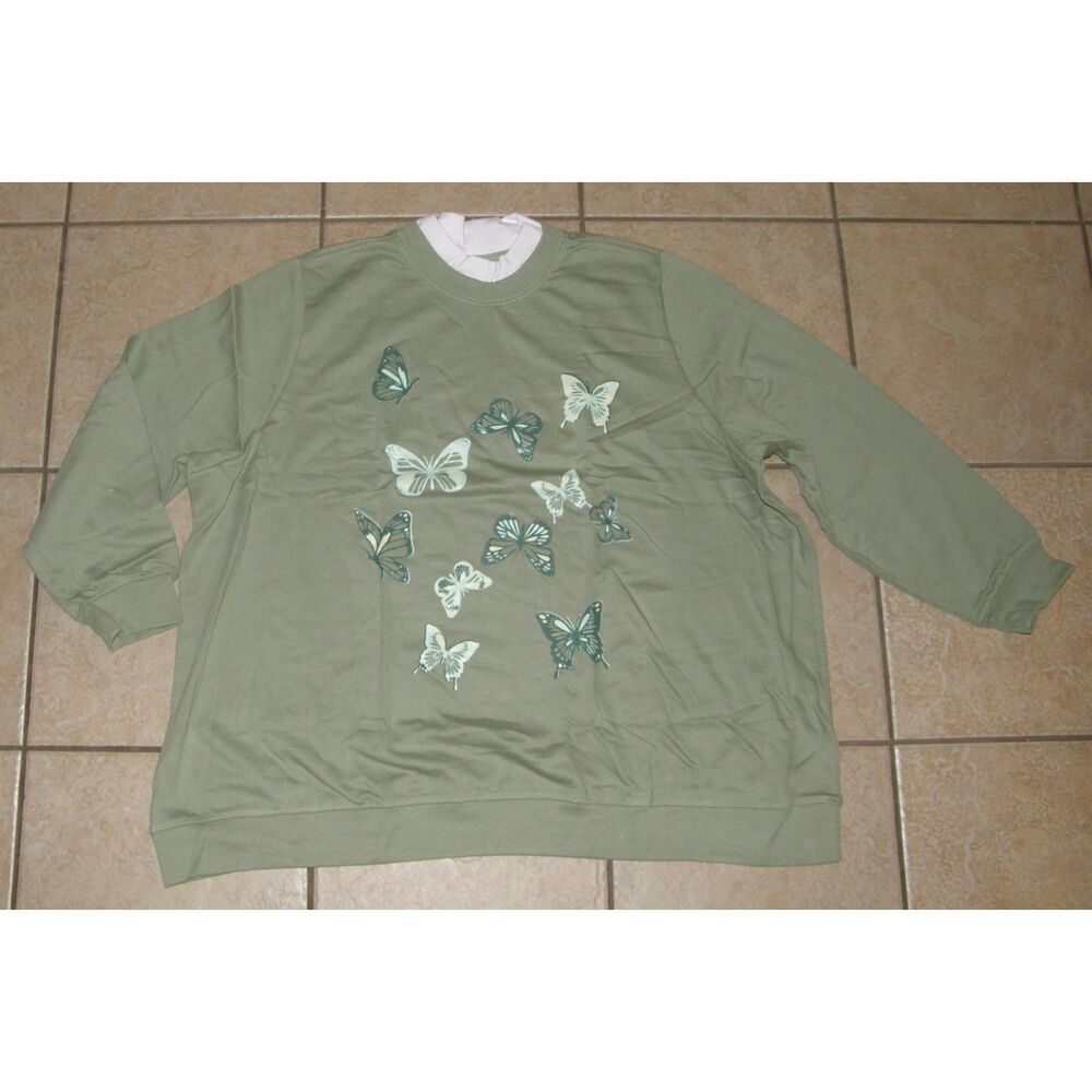 WOMAN WITHIN Green Butterfly Plus Sz 30/32 Casual Wear Mock Neck Sweatshirt NEW